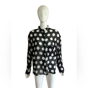 Noshua Womens Polka Dot Dolman Sleeve Button Down Blouse Shirt White Black Sz L
